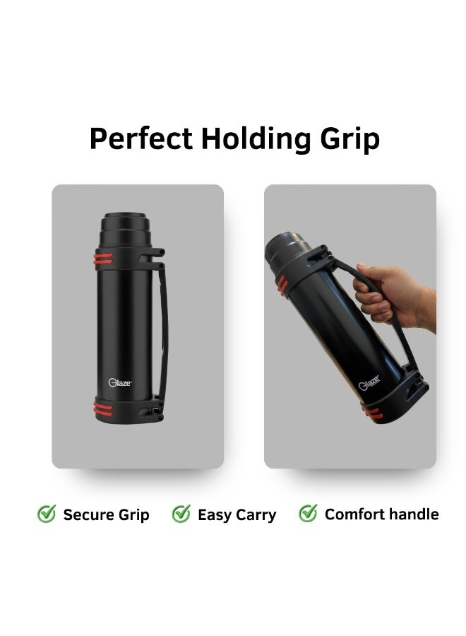 جليز قارورة ماء من الستانلس ستيل بسعة 1.2 لتر، ترمس حراري بعزل فراغي مع مقبض، مانع للتسرب، يحافظ على المشروبات ساخنة وباردة حتى 24 ساعة، خالية من مادة BPA، مناسبة للسفر والرياضة والنشاطات الخارجية – أسود - Image 4